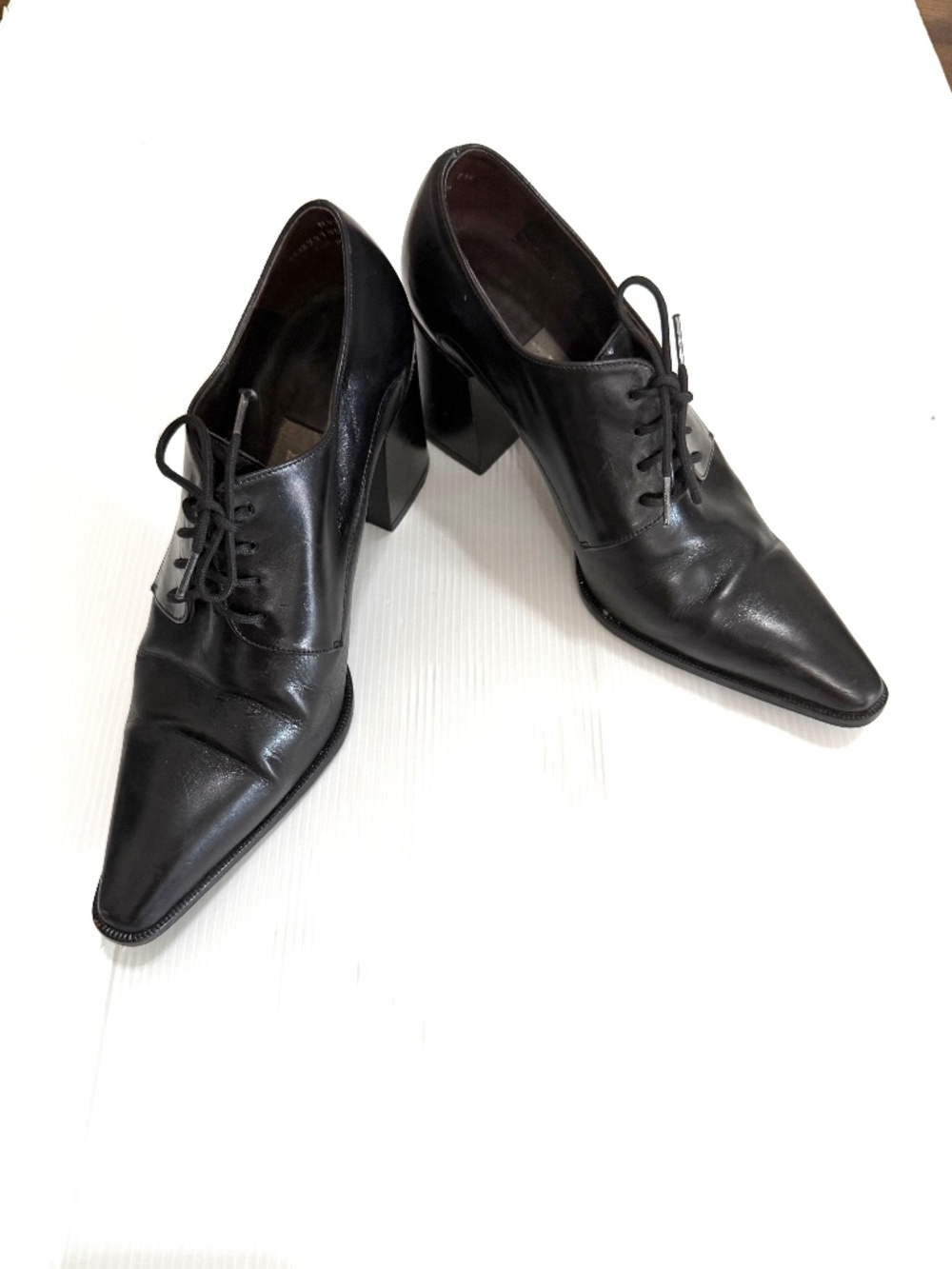 Vintage Y2K Bally Pointed Toe Oxford Block Heels Black Leather 90s Goth Size 5